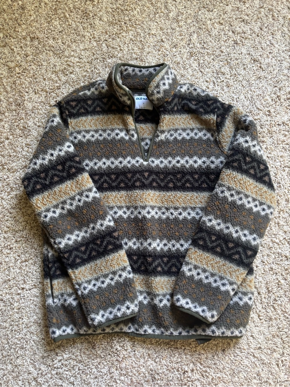 Old Navy Men's Gray, Green, Brown & Cream Patterned Quarter-Zip Pullover